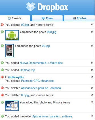 Interfaz web de Dropbox en iPhone y Android